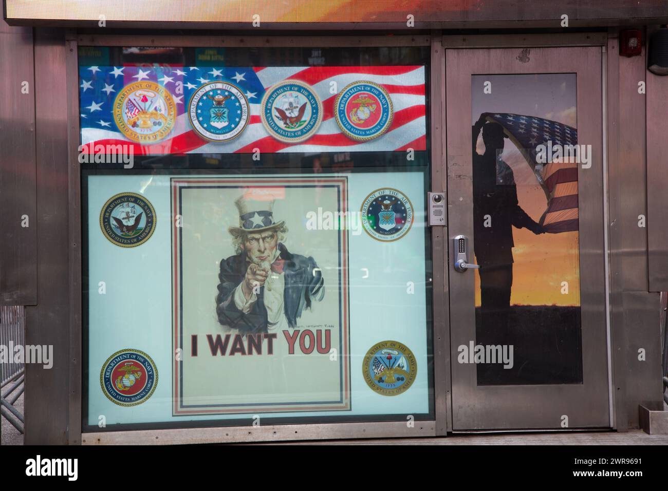 Entance to the Military Recruitment Center at 42nd Street in Times Square, New York   City with the iconic Uncle Sam stating 'I Want You' on the door. Stock Photo