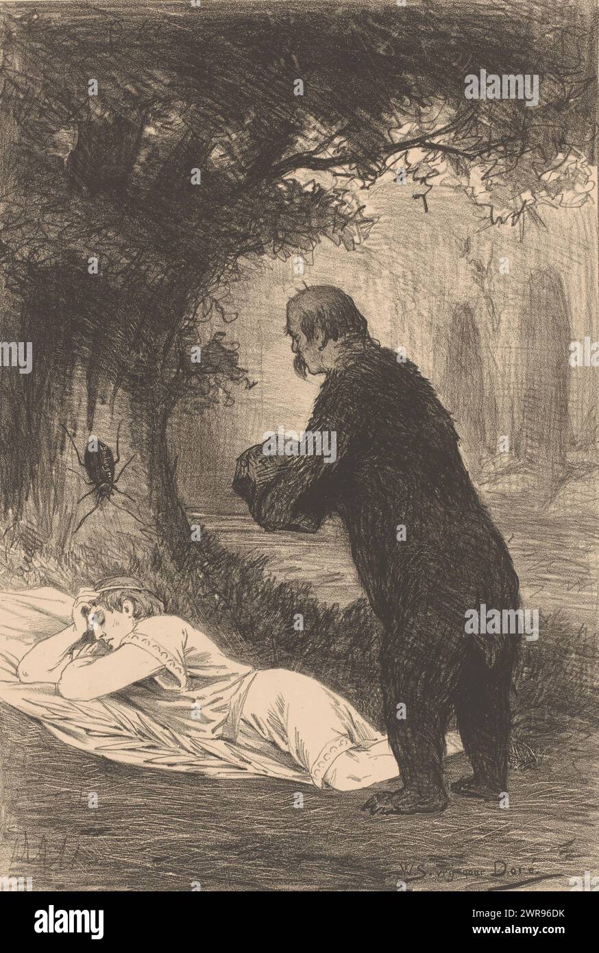 Cartoon on the Schnaebelé affair, a young man personifying peace is sleeping under a tree. An insect named Boulanger crawls down from the tree. On the right is a man in bearskin, possibly Otto von Bismarck, holding a stone with Officieuse Pers written on it, ready to crush the Peace., print maker: Willem Steelink (II), after design by: Gustave Doré, Netherlands, in or before 1887, paper, height 439 mm × width 295 mm, print Stock Photo
