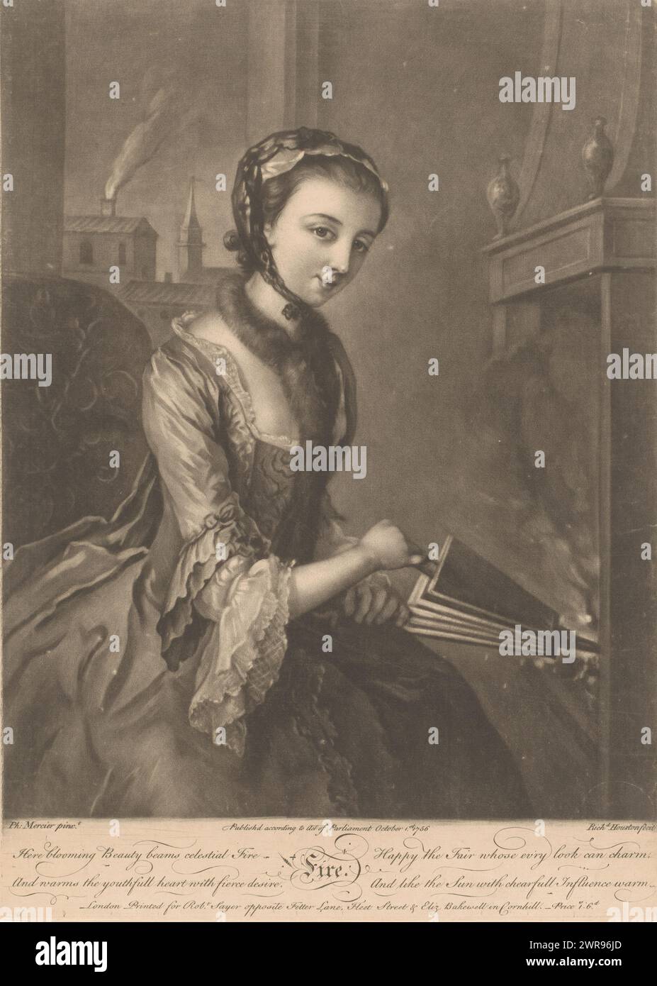 Young woman with a bellows, Fire (title on object), Text in English in the bottom margin., print maker: Richard Houston, after painting by: Philippe Mercier, publisher: Robert Sayer, London, 1756, paper, height 353 mm × width 252 mm, print Stock Photo