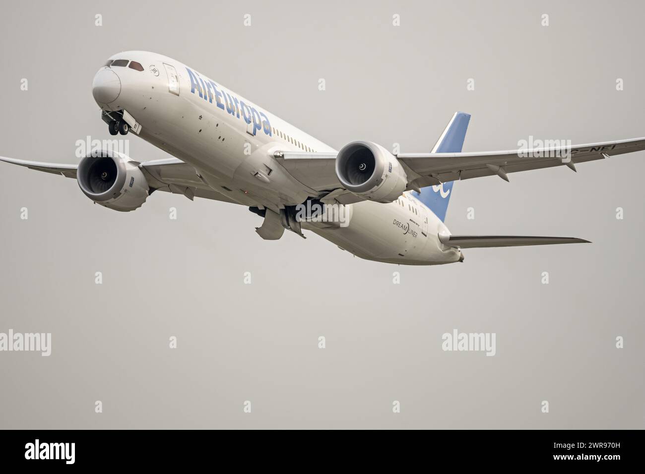 A passenger plane of the Spanish company with its landing gear raised