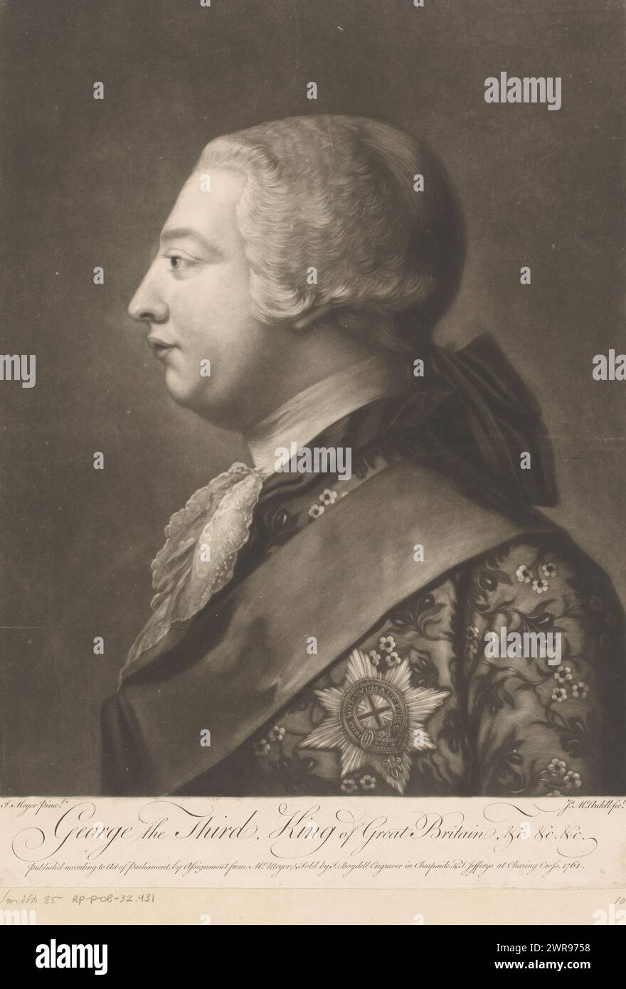 Portrait of George III of the United Kingdom, George the Third, King of Great Britain, &c. &c. &c. (title on object), print maker: James McArdell, after painting by: Jeremias Meyer, publisher: James McArdell, London, 1761, paper, height 504 mm × width 355 mm, print Stock Photo
