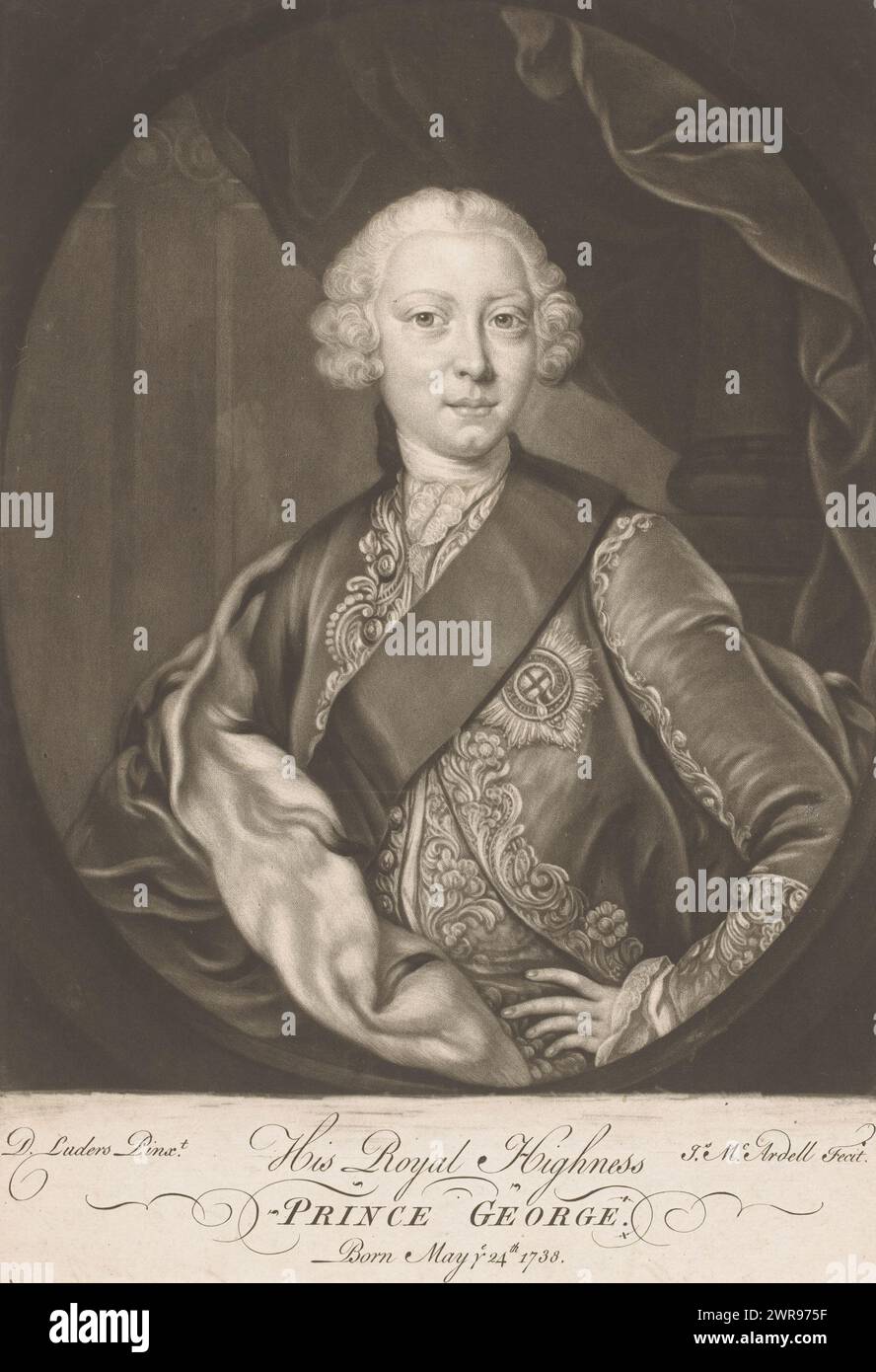Portrait of George III of the United Kingdom, His Royal Highness Prince George (title on object), print maker: James McArdell, after painting by: David Lüders, London, 1751 - c. 1756, paper, height 323 mm × width 222 mm, print Stock Photo
