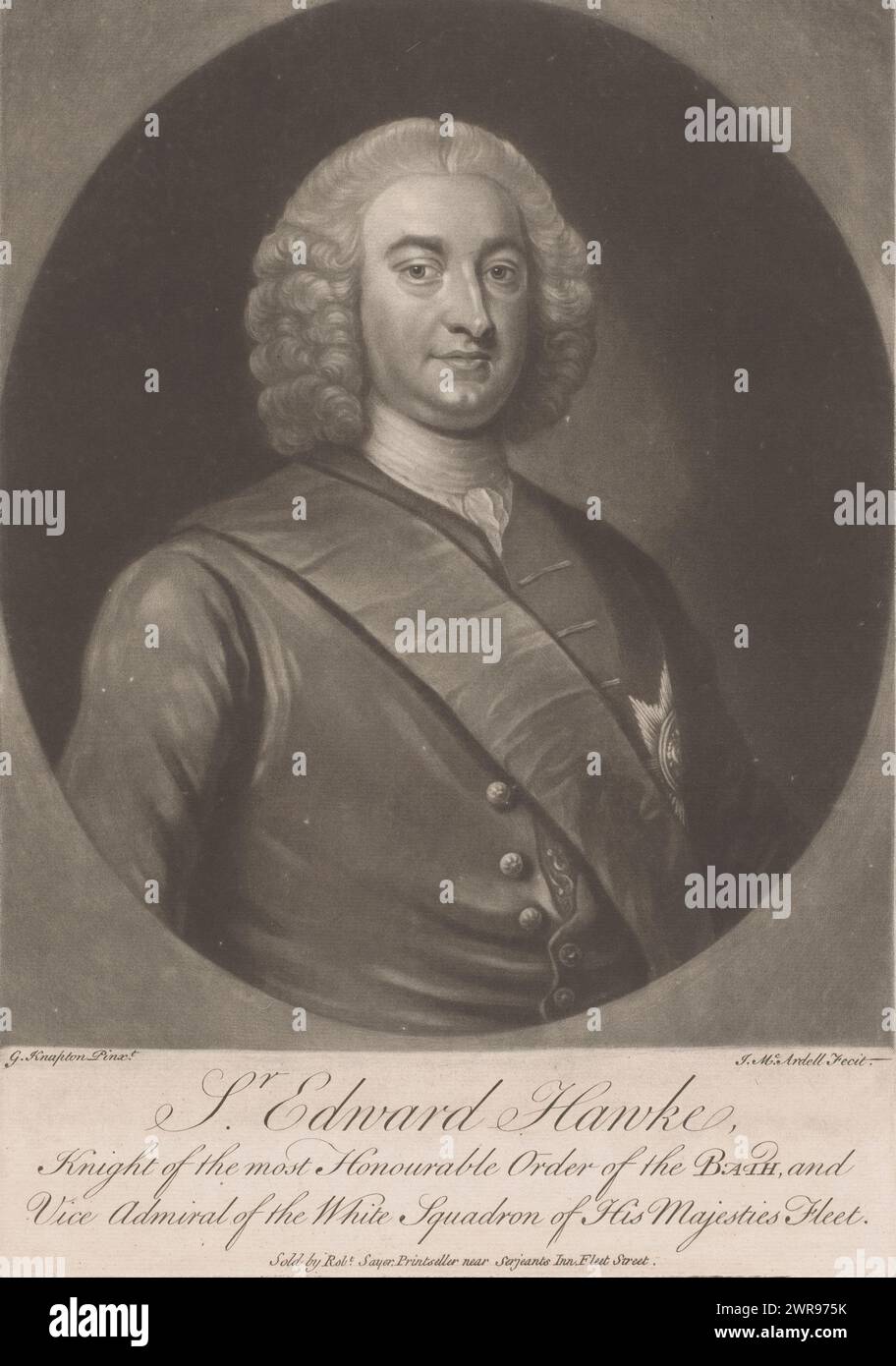 Portrait of Edward Hawke, Sr. Edward Hawke (title on object), print maker: James McArdell, after painting by: George Knapton, publisher: Robert Sayer, London, 1747 - 1765, paper, height 331 mm × width 232 mm, print Stock Photo