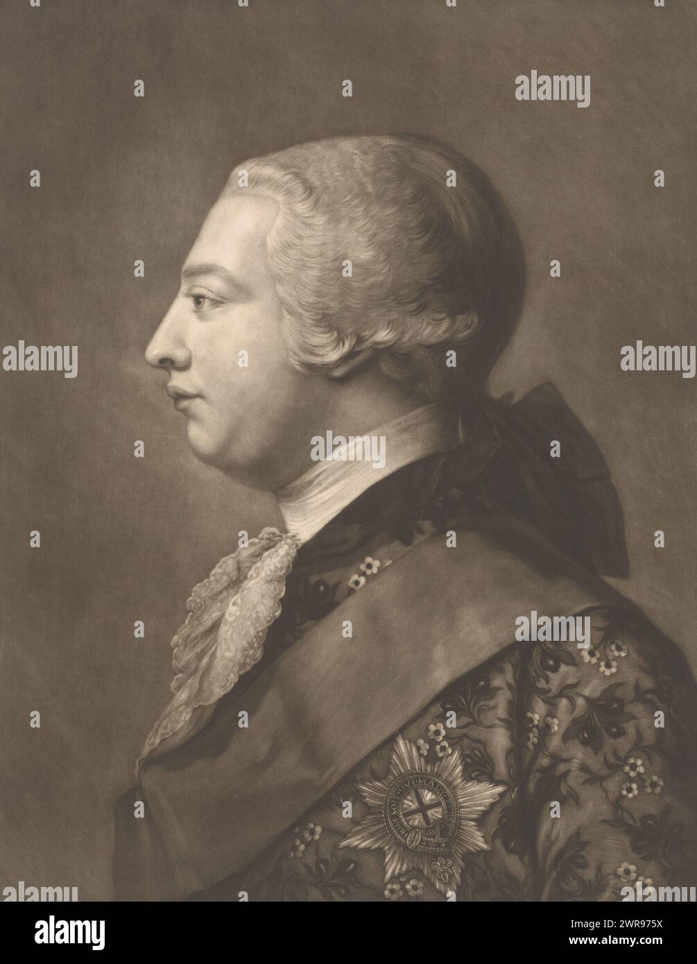 Portrait of George III of the United Kingdom, print maker: James McArdell, after painting by: Jeremias Meyer, London, 1761, paper, height 506 mm × width 355 mm, print Stock Photo