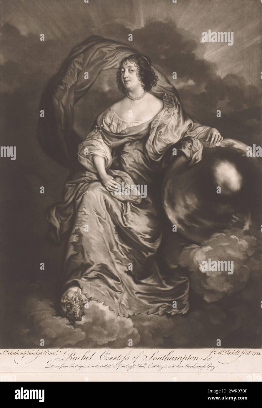 Portrait of Rachel Wriothesley, Rachel Countess of Southampton (title on object), print maker: James McArdell, after painting by: Anthony van Dyck, London, 1758, paper, height 497 mm × width 350 mm, print Stock Photo