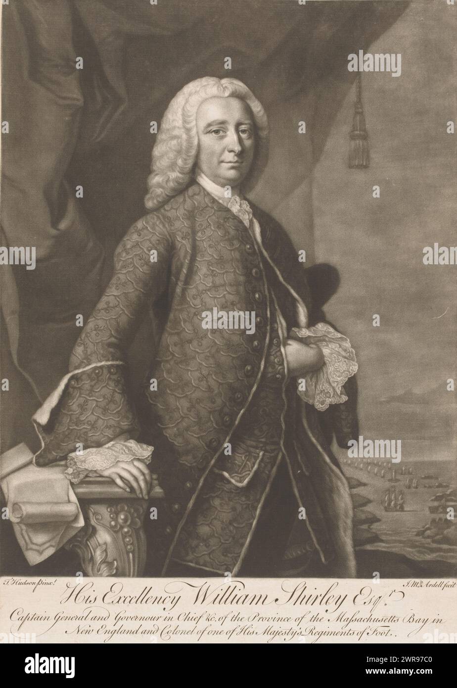 Portrait of William Shirley, His Excellency William Shirley Esqr. (title on object), print maker: James McArdell, after painting by: Thomas Hudson, London, 1755 - 1765, paper, height 350 mm × width 248 mm, print Stock Photo