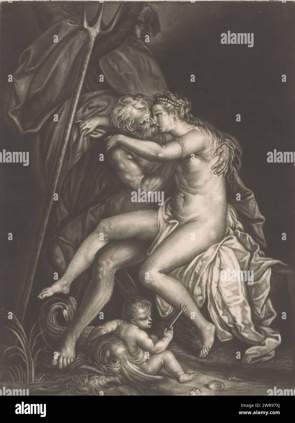 Neptune and Amphitrite kissing, print maker: John Smith (prentmaker/ uitgever), (attributed to), after print by: Giovanni Jacopo Caraglio, (possibly), after painting by: Perino del Vaga, (possibly), 1662 - 1742, paper, height 254 mm × width 180 mm, print Stock Photo