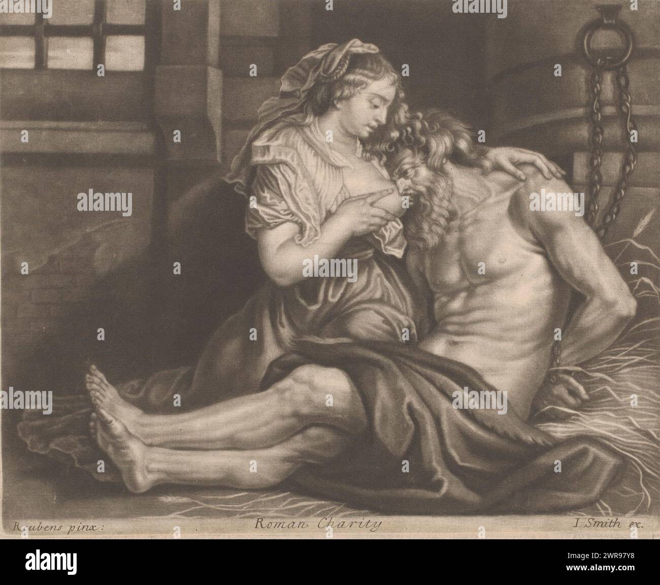 Cimon and Pero, Roman Charity (title on object), Caritas Romana, print maker: John Smith (prentmaker/ uitgever), (attributed to), after painting by: Peter Paul Rubens, 1662 - 1742, paper, height 180 mm × width 222 mm, print Stock Photo