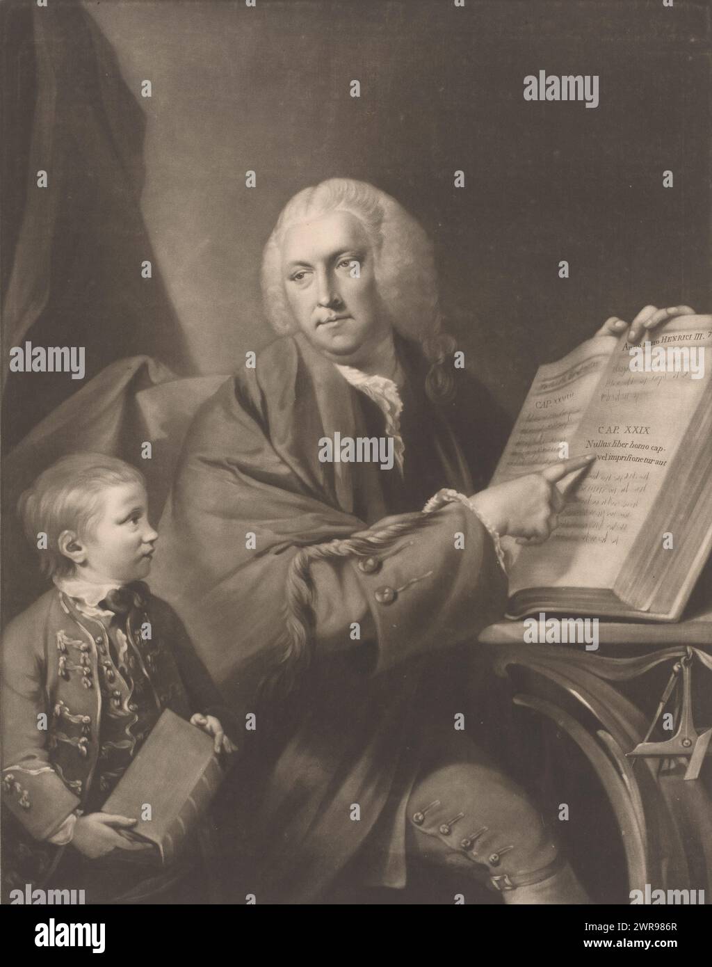 Portrait of Arthur Beardmore and his son, Beardmore teaching his son Magna Carta., print maker: James Watson (prentmaker), after painting by: Robert Edge Pine, London, 1765, paper, height 393 mm × width 277 mm, print Stock Photo