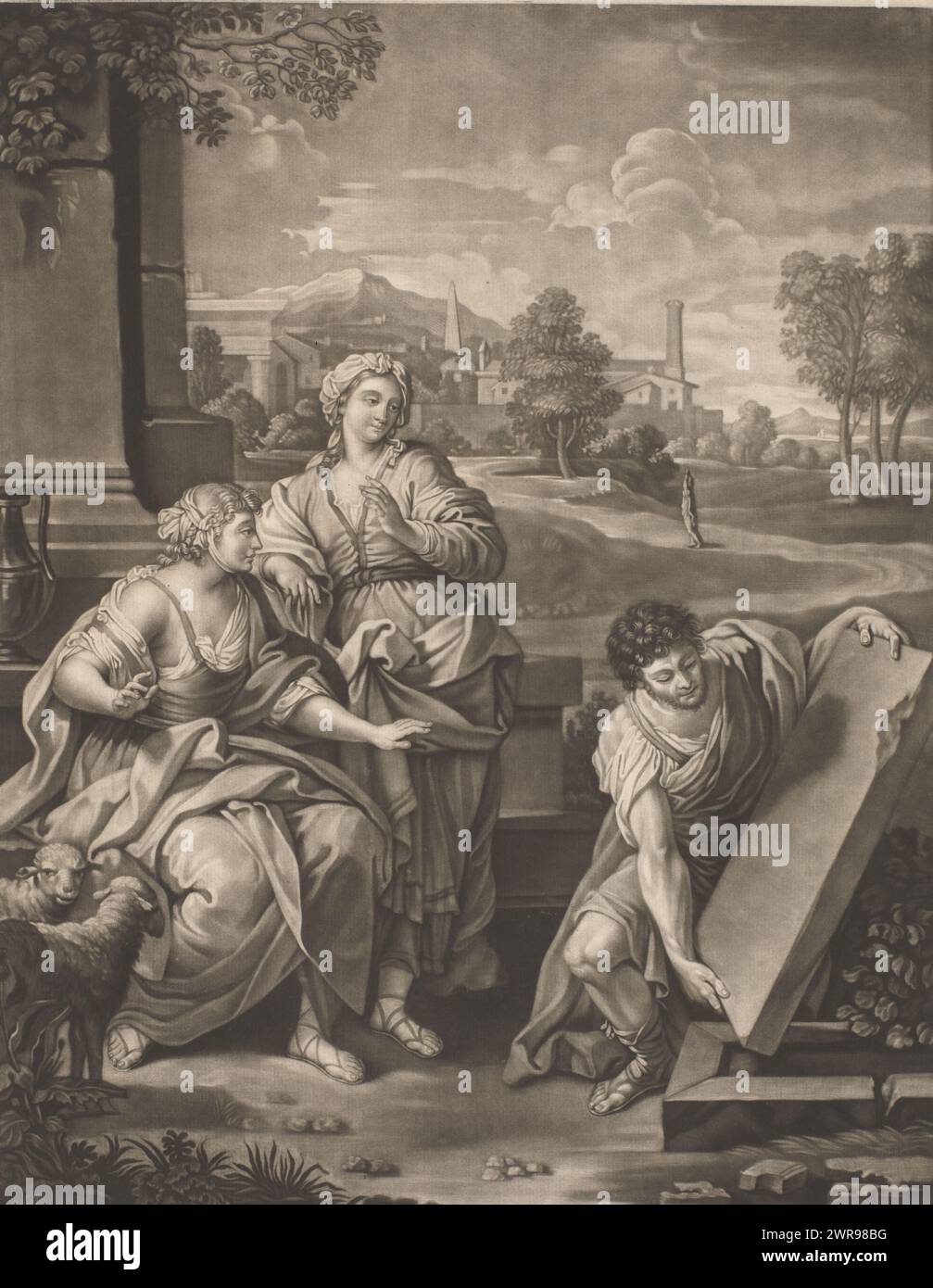 Jacob lifts the stone from the well, on the left are Rachel and another woman., print maker: John Finlayson, after design by: Pietro Antonio de Pietri, England, 1772, paper, height 495 mm × width 351 mm, print Stock Photo