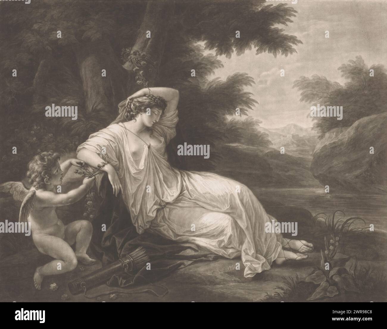 Cupid ties the sleeping Aglaia to a tree, print maker: Thomas Burke, after painting by: Angelica Kauffmann, publisher: William Wynne Ryland, London, Jul-1774, paper, etching, height 443 mm × width 532 mm, print Stock Photo