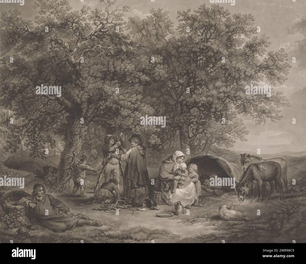 Group of people at a tent making a campfire, The Gipsies Tent (title on object), print maker: Joseph Grozer, after painting by: George Morland, publisher: Benjamin Beale Evans, London, 1793, paper, height 510 mm × width 600 mm, print Stock Photo