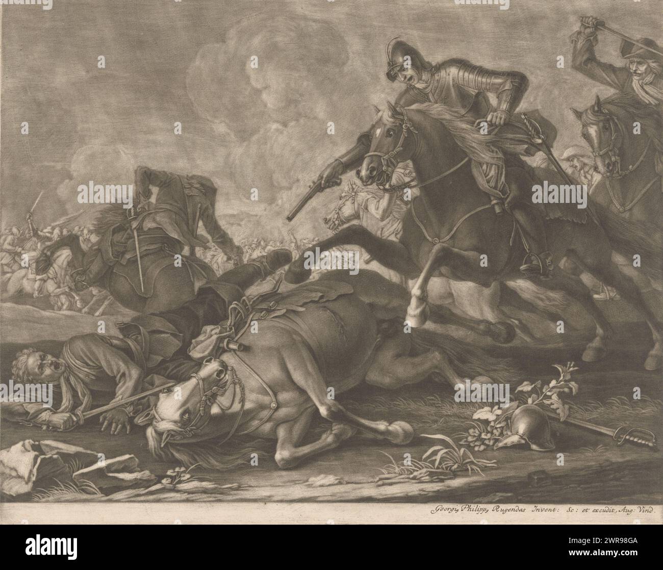 Horseman battle, print maker: Georg Philipp Rugendas (I), after drawing by: Georg Philipp Rugendas (I), publisher: Georg Philipp Rugendas (I), Augsburg, 1676 - 1742, paper, height 260 mm × width 326 mm, print Stock Photo