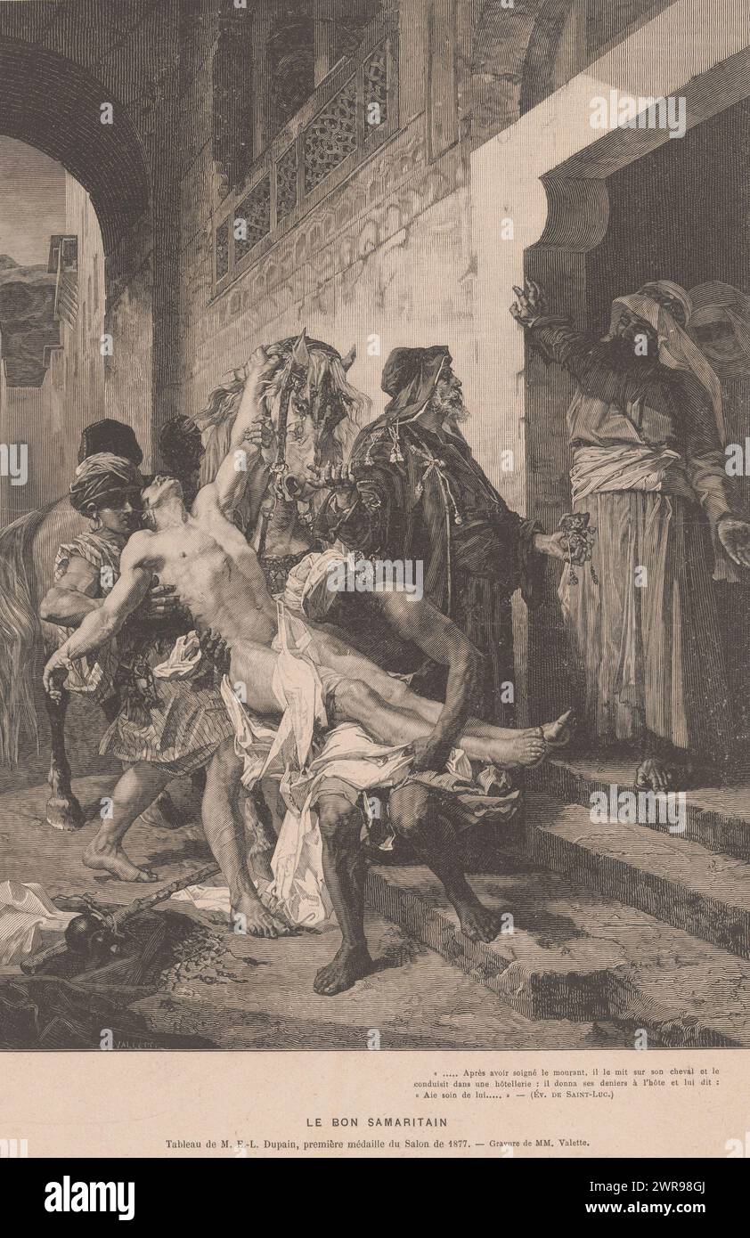 Parable of the Good Samaritan, Le bon Samaritain (title on object), print maker: Maurice Valette, after painting by: Edmond-Louis Dupain, 1877 - 1880, paper, wood engraving, height 337 mm × width 230 mm, print Stock Photo