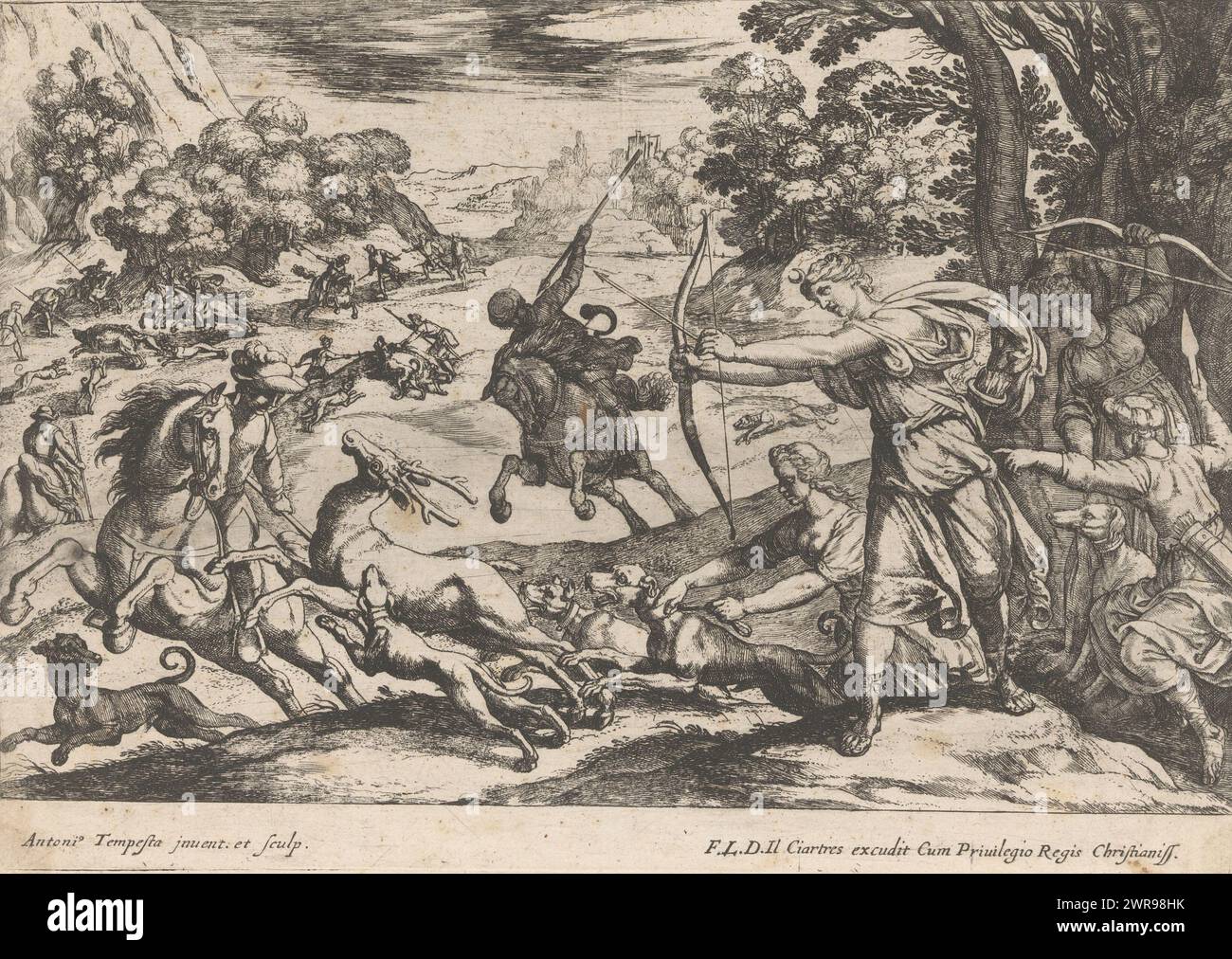 Deer hunting, Hunting scenes (part 5) (series title), Landscape with the goddess Diana and her nymphs and hunters hunting deer and wild boar., print maker: Antonio Tempesta, after own design by: Antonio Tempesta, publisher: François Langlois, print maker: Italy, after own design by: Italy, Vatican City, 1600 - 1620, paper, etching, height 187 mm × width 264 mm, print Stock Photo