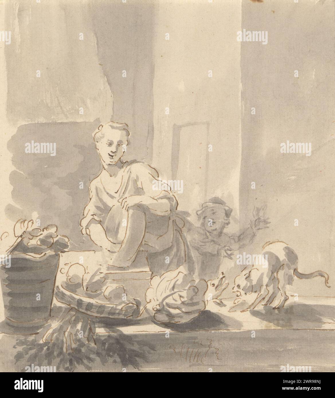 Kitchen piece with cleaning maid, child and fighting dog and cat, draughtsman: anonymous, 1700 - 1800, paper, pen, brush, height 150 mm × width 133 mm, drawing Stock Photo