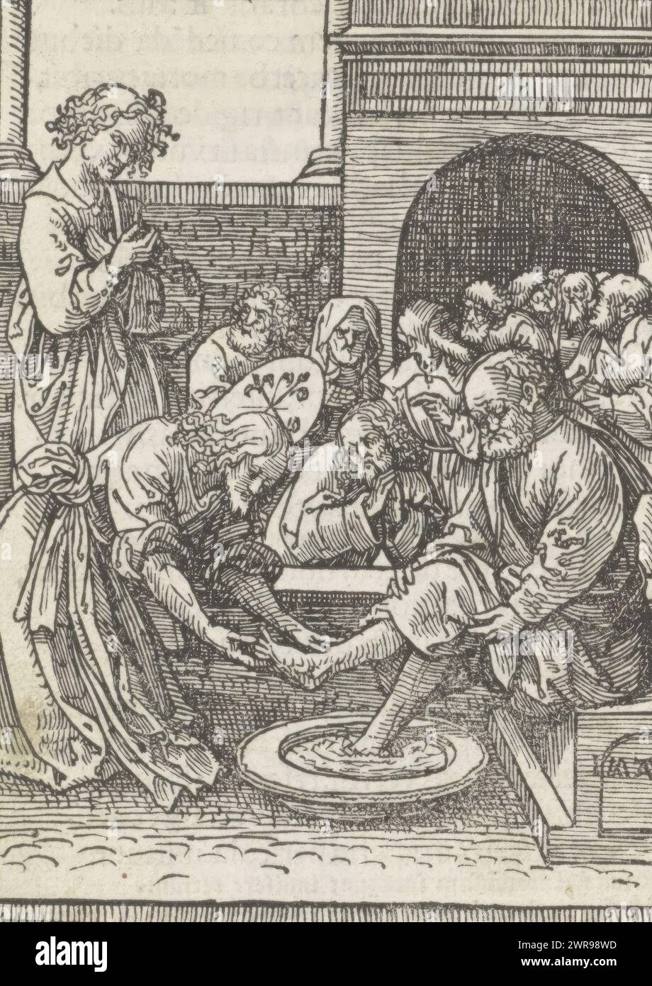 Washing of Peter's feet, The Little Passion (series title), Christ washes Peter's feet. The other disciples watch. Print is part of a book., print maker: Jacob Cornelisz van Oostsanen, publisher: Doen Pietersz., Amsterdam, 1523, paper, height 112 mm × width 80 mm, height 141 mm × width 101 mm, print Stock Photo