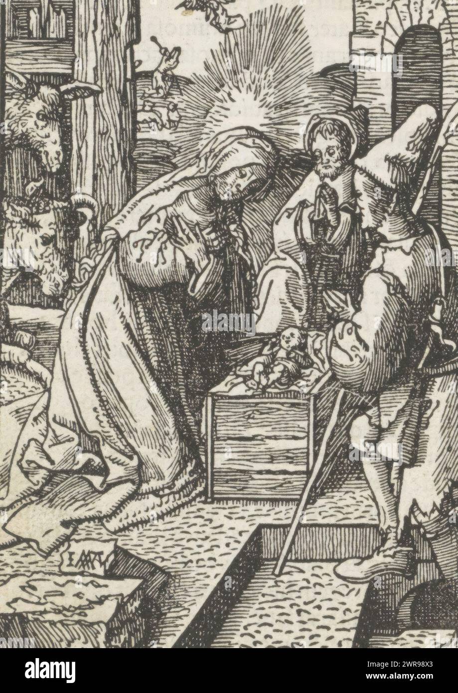 Nativity, The Little Passion (series title), Mary, Joseph and a shepherd kneel around the Christ Child lying in a wooden manger. On the left the donkey and the ox. In the background the announcement to the shepherds. Print is part of a book., print maker: Jacob Cornelisz van Oostsanen, publisher: Doen Pietersz., Amsterdam, 1523, paper, height 113 mm × width 79 mm, height 141 mm × width 98 mm, print Stock Photo