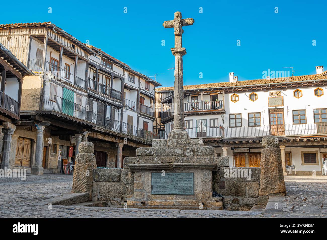 An Eighteenth-century fountain and transept in the main square of the beautiful medieval village of La Alberca, Spain Stock Photo