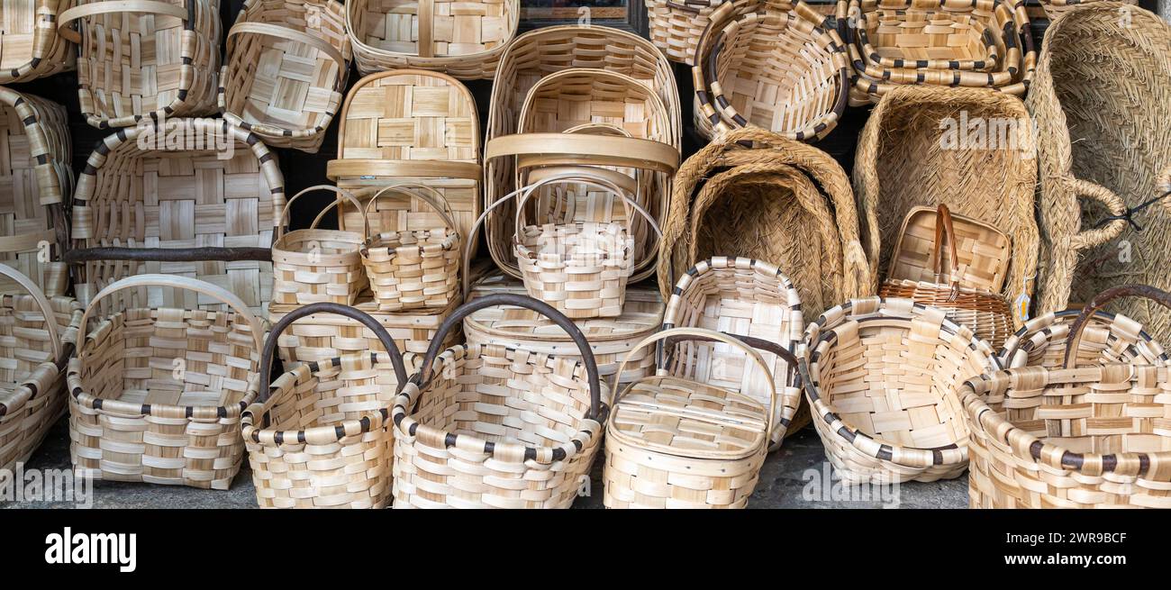 The Traditional wicker basket handicraft at a street stall in the beautiful village of La Alberca, Spain Stock Photo