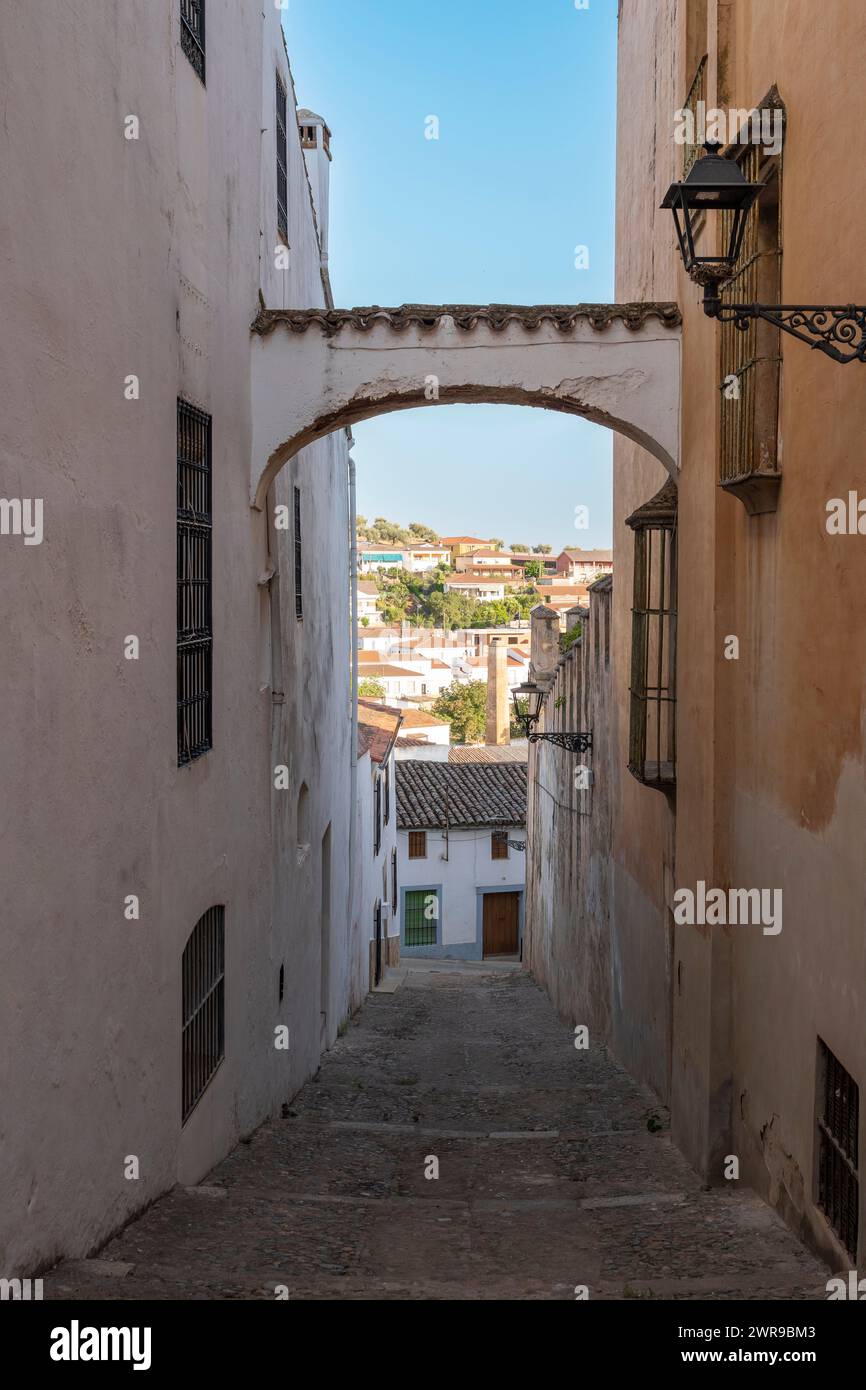 View of buildings from alley onto street Stock Photo