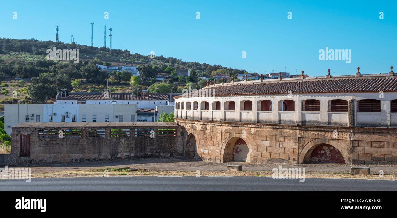 A vehicle drives by a bridge in a town Stock Photo