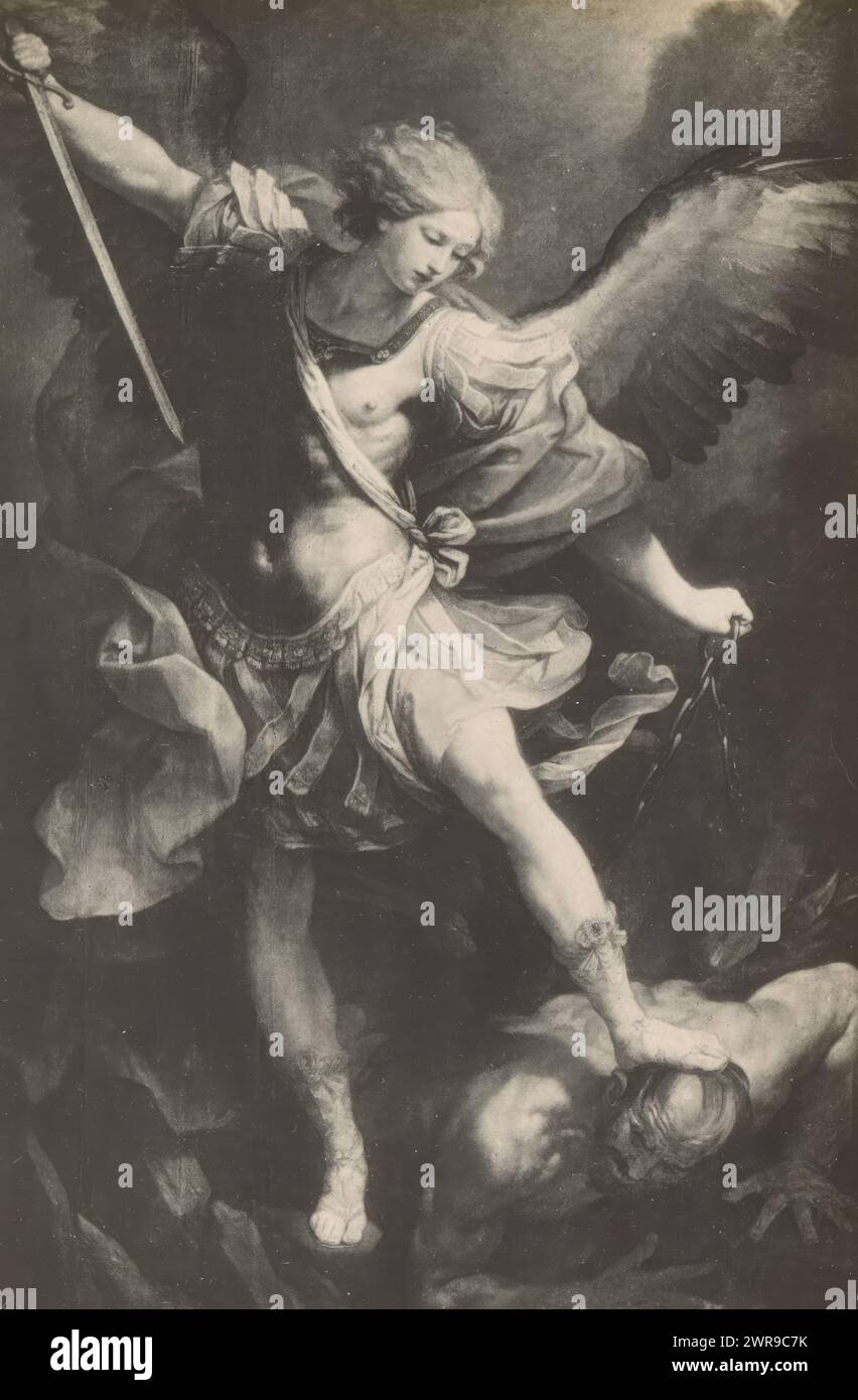 Photo reproduction of a painting depicting the archangel Michael trampling Satan, anonymous, after painting by: Guido Reni, Santa Maria della Concezione dei Cappuccini, c. 1852 - c. 1862, photographic support, gelatin silver print, height 120 mm × width 79 mm, photograph Stock Photo