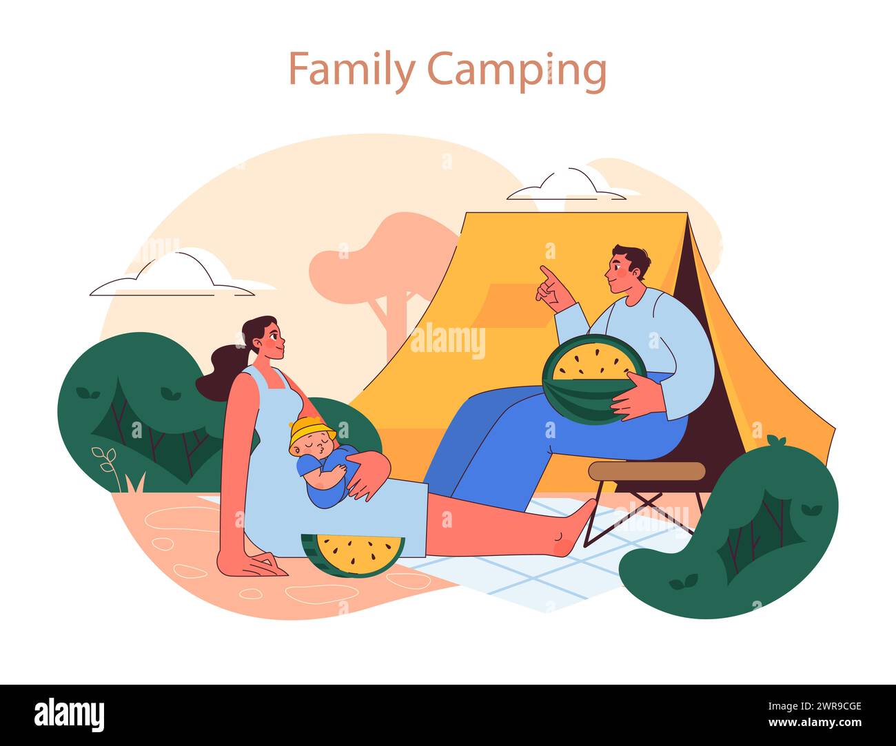 Family Camping concept. A serene outdoor getaway with parents and child enjoying nature and quality time together. Embracing adventure. Stock Vector