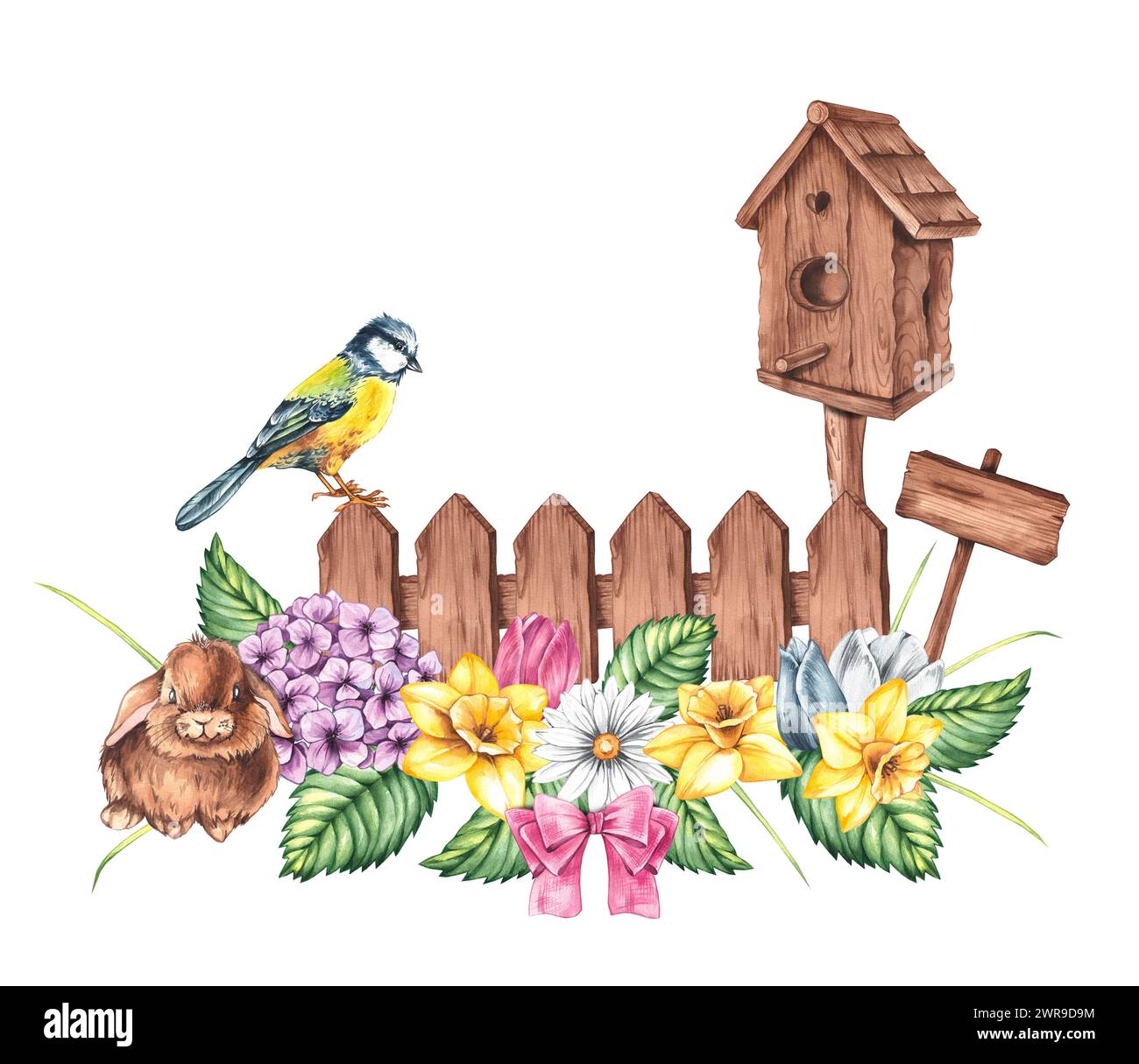 Spring watercolor illustration with flowers, cute bunny and birds isolated on white. Spring garden with birdhouse, gardening tools and pets for packag Stock Photo