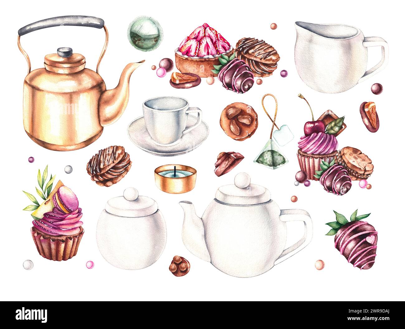 Watercolor white tea set, tea bags, sugar, sweets, chocolate, desserts, cupcakes, strawberry tartlet, chocolate covered strawberries isolated on white Stock Photo
