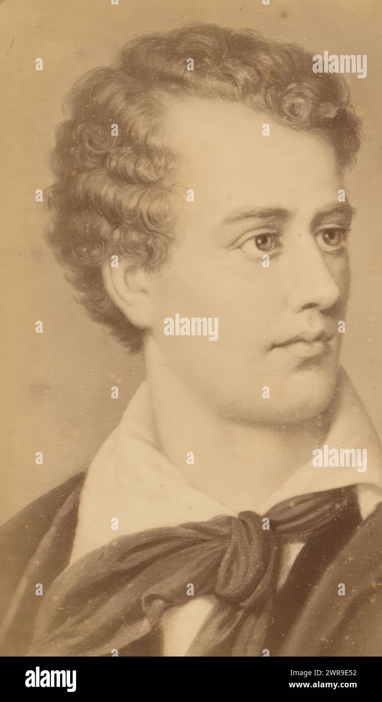 Photo reproduction of a painted portrait of Lord Byron after Ernst Hader by Sophus Williams, This photo is part of an album., Sophus Williams, after painting by: Ernst Hader, Berlin, 1877, photographic support, albumen print, height 84 mm × width 51 mm, photograph Stock Photo