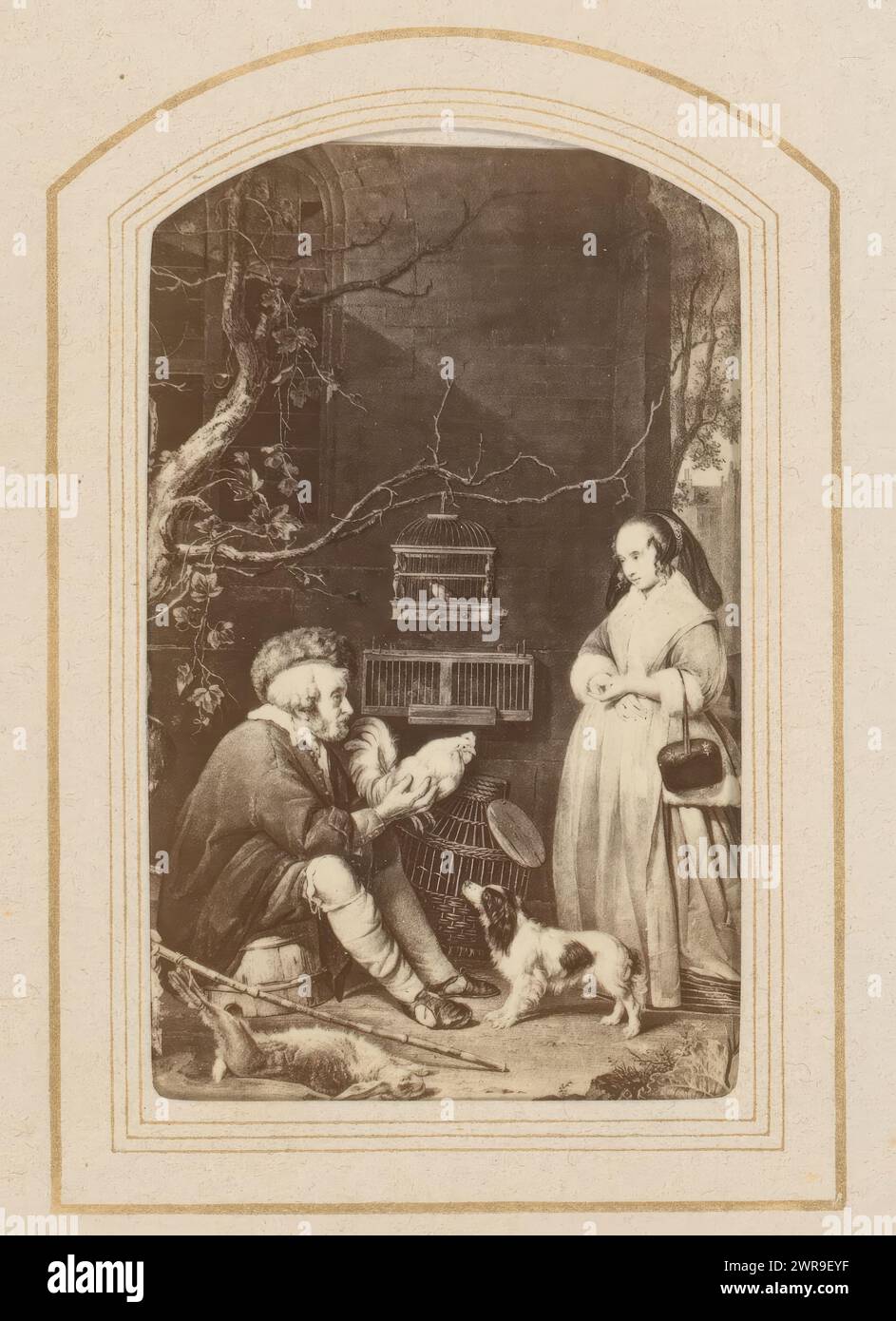 Photo reproduction of Old game and poultry seller shows a rooster to a young woman by Gabriel Metsu, This photo is part of an album., PG, after painting by: Gabriël Metsu, 1870 - 1890, cardboard, albumen print, height 84 mm × width 51 mm, photograph Stock Photo