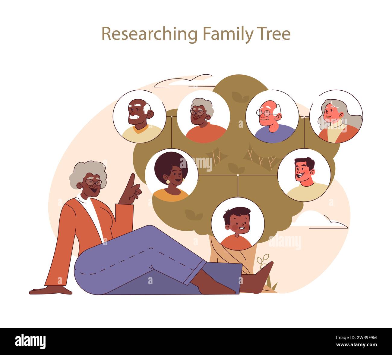 Researching family tree concept. Elderly person tracing lineage, celebrating familial heritage. Uncovering ancestral stories, embracing roots and identity. Stock Vector