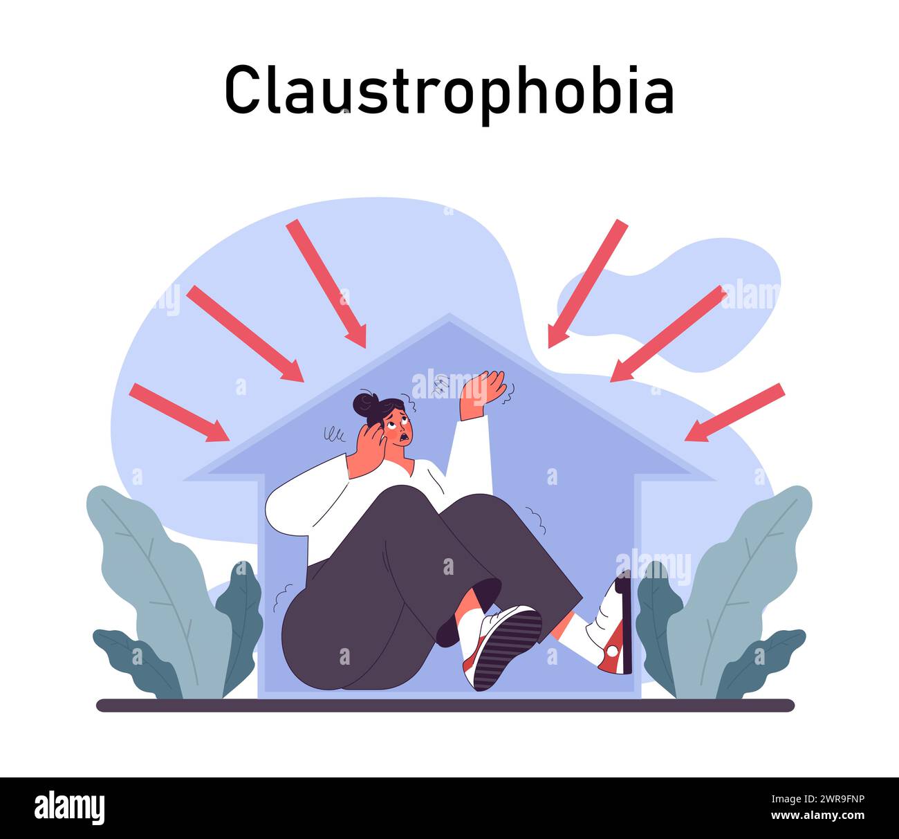 Claustrophobia. Human's irrational inner fears and panic. Mental disorder, feeling of threat and danger. Psychology and mental therapy. Flat vector illustration Stock Vector