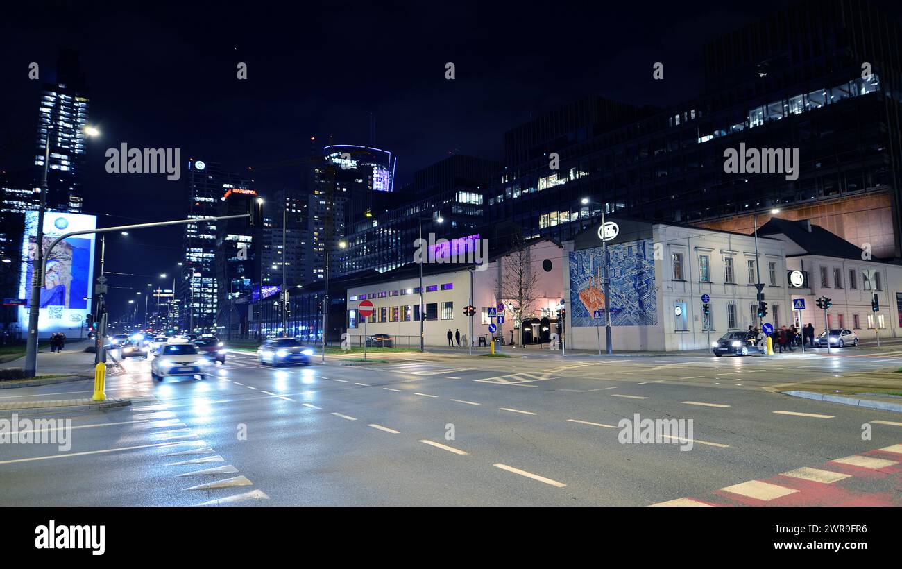 Warsaw, Poland. 6 March 2024. Night in Warsaw city center. Motion