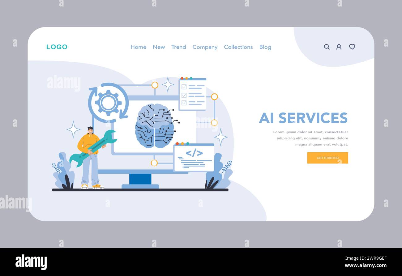 Artificial Intelligence web or landing page. Pioneering AI and machine learning solutions. Complex algorithms and data processing visualized. Advancements in intelligent automation. Stock Vector