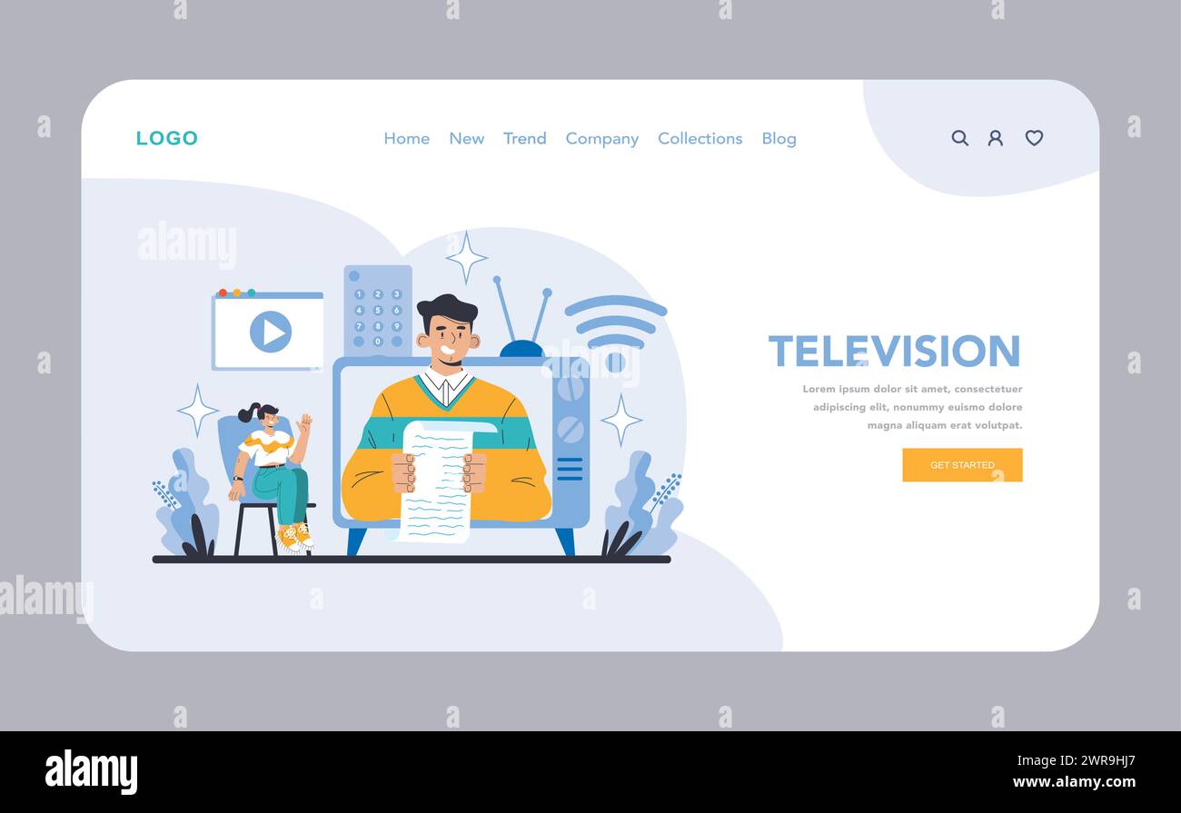 Television web or landing page. Visual storytelling and news reporting. Anchors and audience engagement in media. Digital transition in TV. Flat vector illustration. Stock Vector