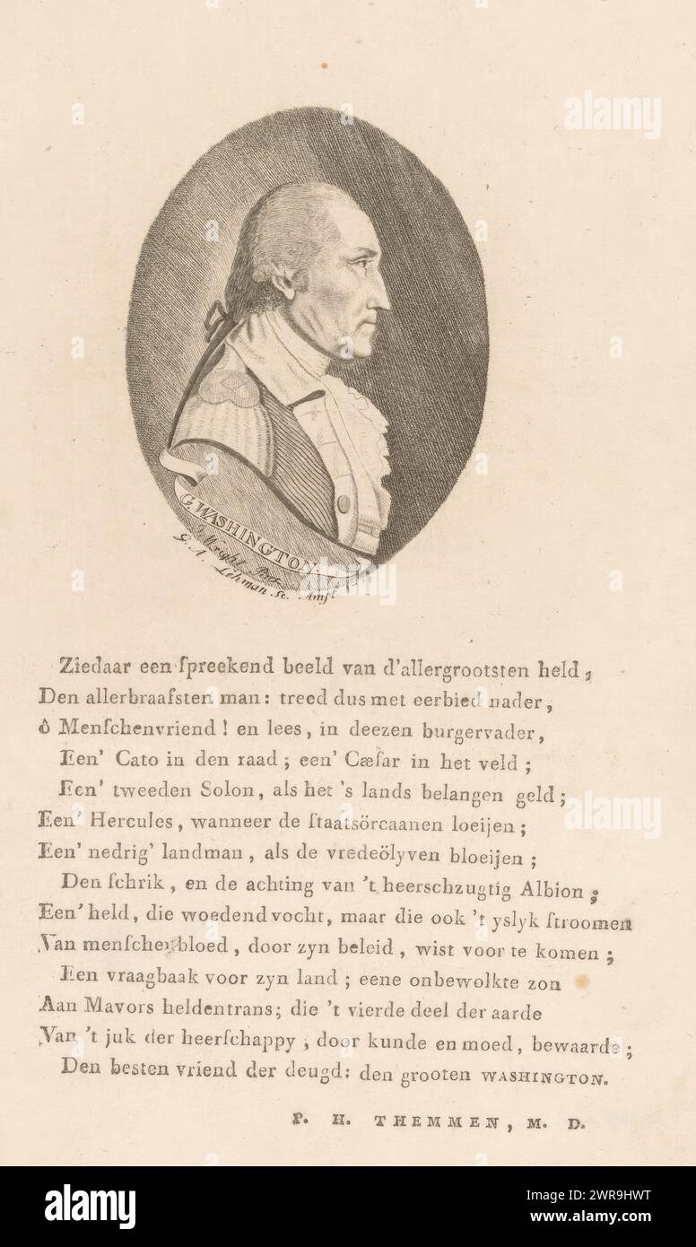 Portrait of George Washington, print maker: Gottfried Arnold Lehman, after painting by: John Wright, Phoebus Hitzerus Themmen, Amsterdam, 1794, paper, etching, letterpress printing, height 177 mm × width 111 mm, print Stock Photo