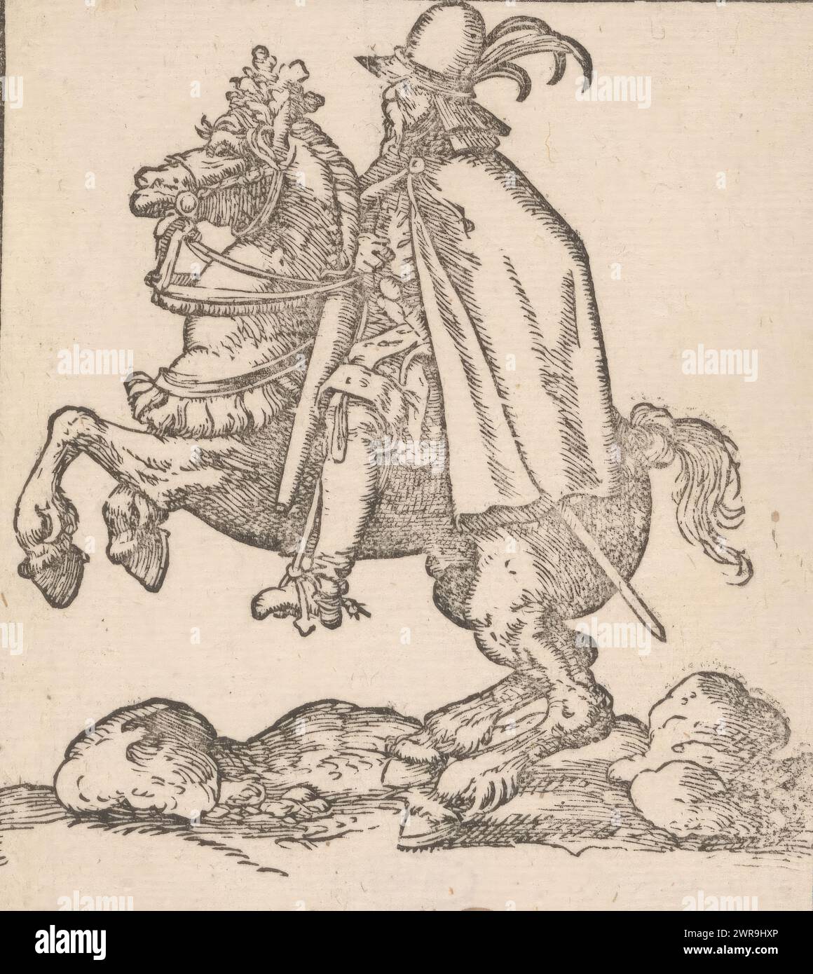 Rider on rearing horse, Copies after riders of Jost Amman (series title), print maker: anonymous, after drawing by: Jost Amman, 1580, paper, height 127 mm × width 112 mm, print Stock Photo
