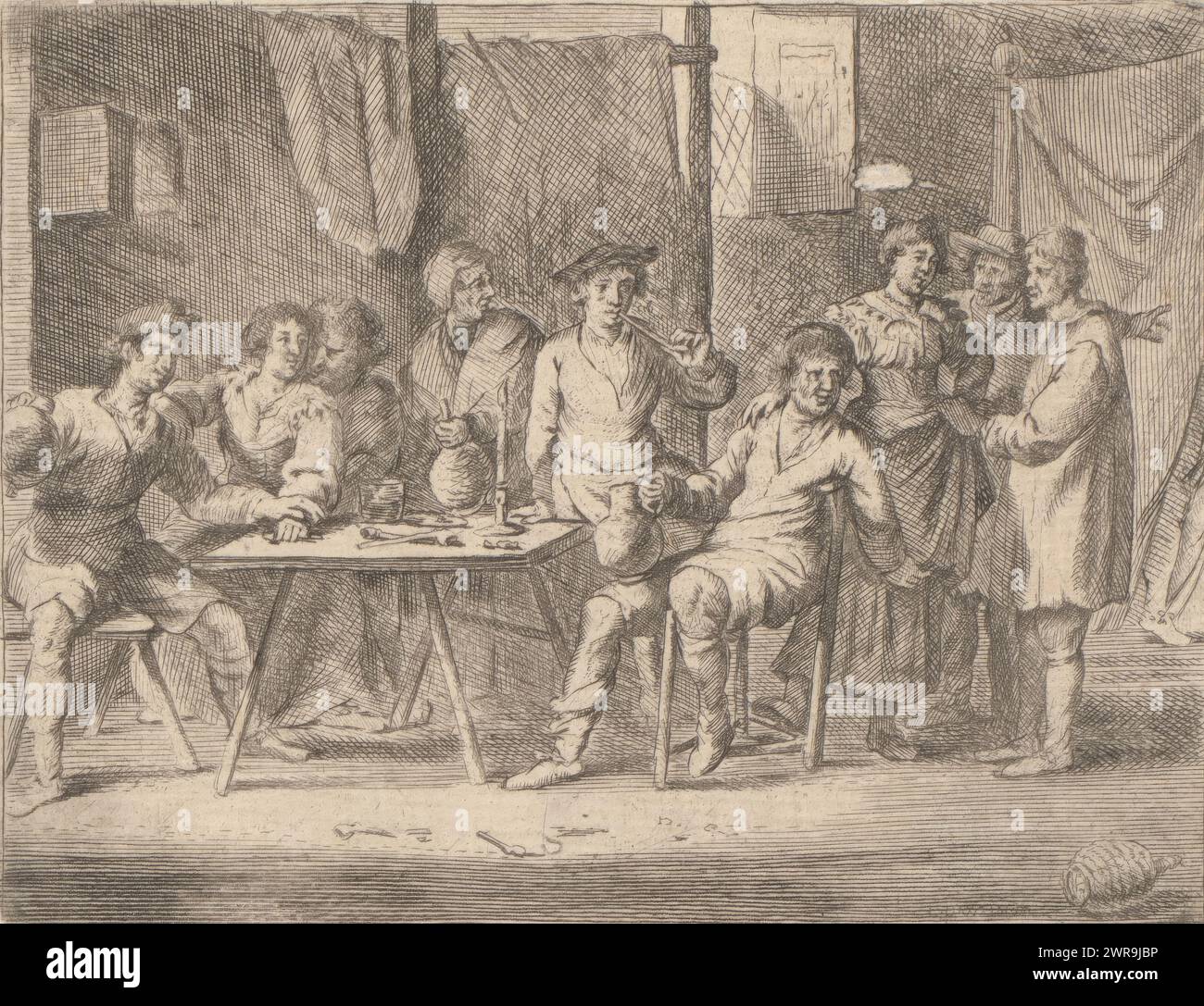 Company in an inn, Genre scenes (series title), Interior of an inn with men and women smoking and drinking. The innkeeper puts a jug of drink on the table. In the right background are two men talking to a woman. One of them points to a curtain from behind which a leg appears., print maker: anonymous, after design by: Cornelis de Wael, Italy, 1630 - 1698, paper, etching, engraving, height 116 mm × width 150 mm, print Stock Photo