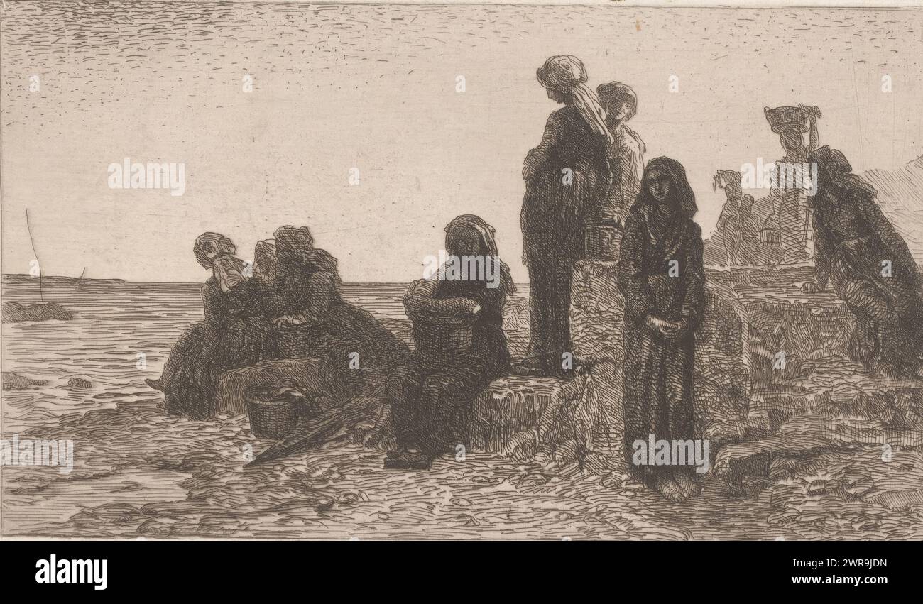 Fishermen's wives resting by the water, print maker: François-Nicolas-Augustin Feyen-Perrin, (attributed to), France, 1867, paper, etching, drypoint, height 175 mm × width 275 mm, print Stock Photo