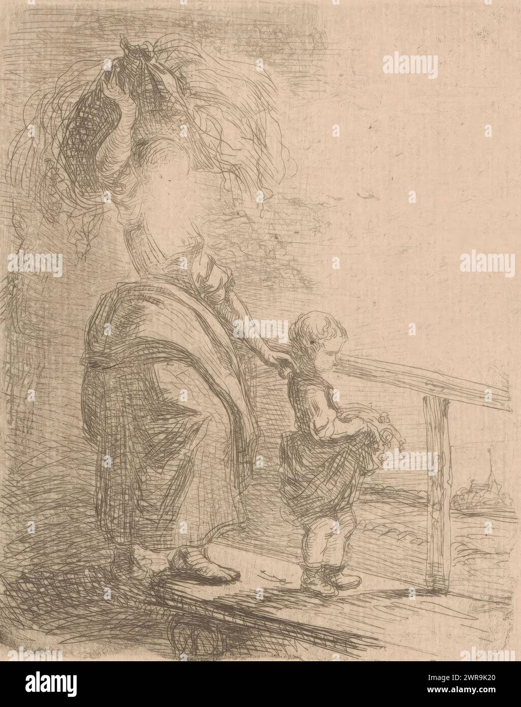 Woman carries hay on her head and leads a child across a wooden bridge, print maker: Alexandre Louis Lion, 1833 - 1852, paper, etching, height 134 mm × width 110 mm, print Stock Photo