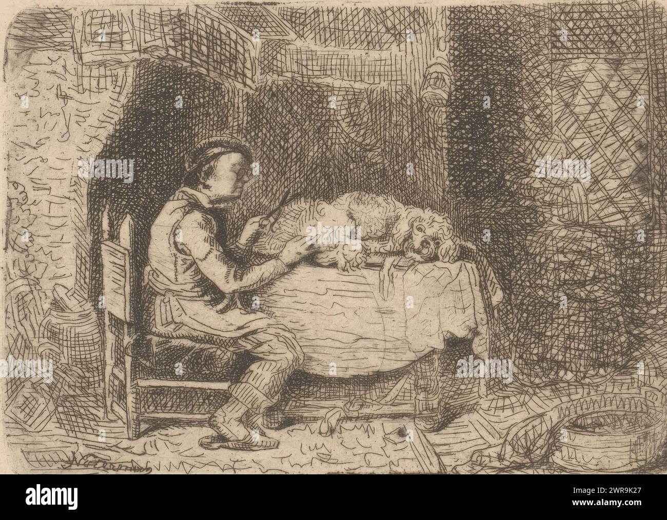 Dog shearer cuts a dog, print maker: Emanuel Noterman, 1818 - 1863, paper, etching, height 65 mm × width 93 mm, print Stock Photo