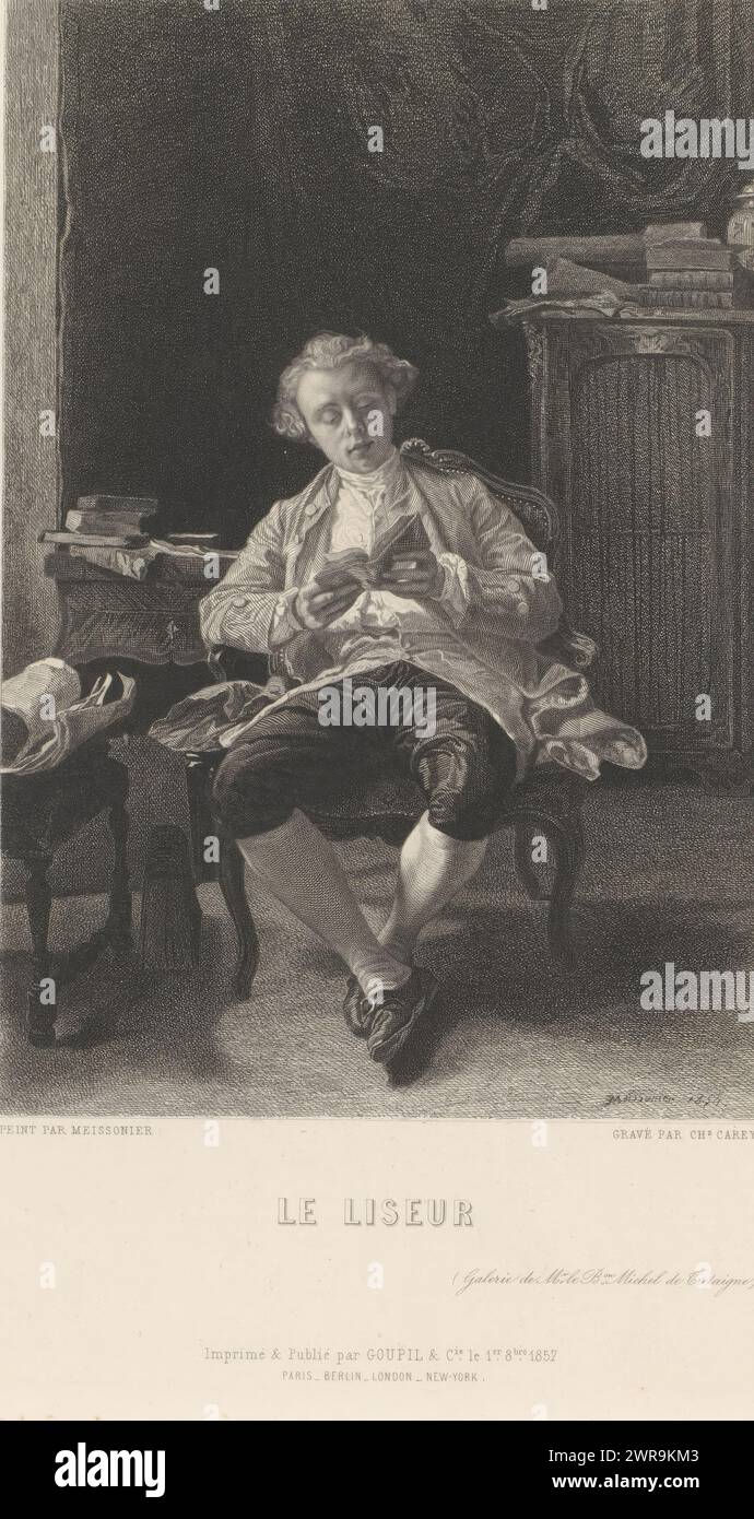 Reading man on a chair in an interior, Le Liseur (title on object), print maker: Charles Philippe Auguste Carey, after painting by: Meissonier, publisher: Goupil & Cie., c. 1859, paper, engraving, etching, height 277 mm × width 200 mm, print Stock Photo