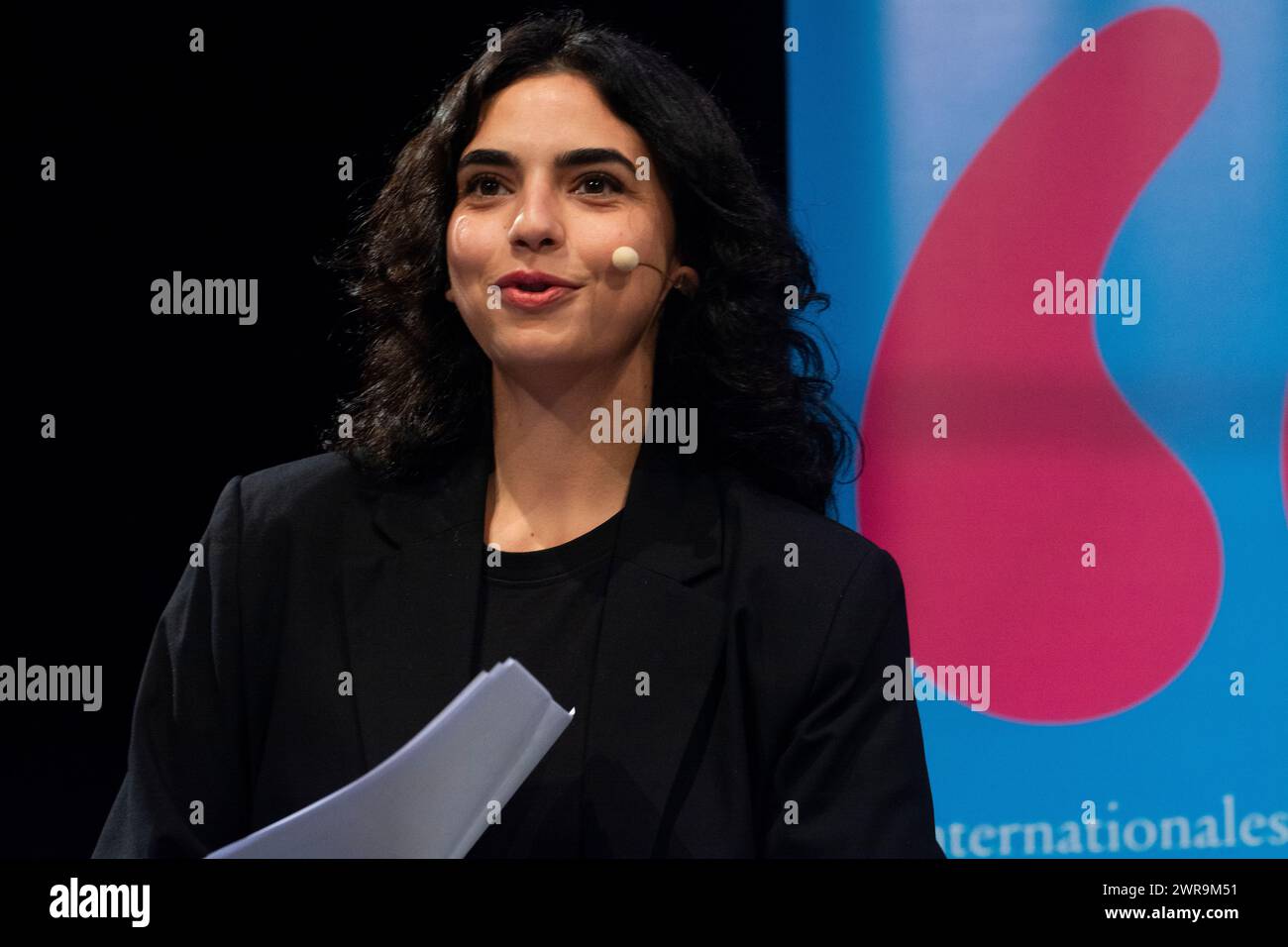 Miriam Schellbach, a German literature critic, is seen on stage at the