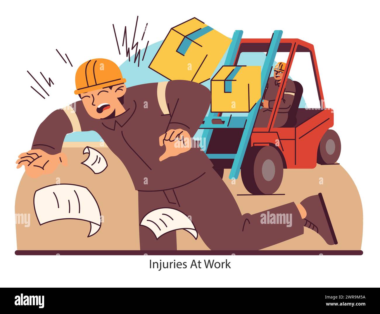 Occupational hazards highlighted. A striking vector illustration that portrays a warehouse worker experiencing a painful accident. Flat vector illustration. Stock Vector
