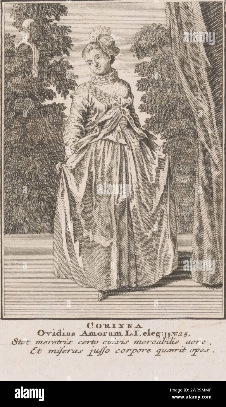 Corinna, Characters from the Commedia dell'arte (series title), Bande der Italienischen Comoedianten (series title), print maker: anonymous, after design by: Jean Antoine Watteau, Publius Ovidius Naso, print maker: Germany, publisher: Neurenberg, 1694 - 1725, paper, etching, height 172 mm × width 112 mm, print Stock Photo