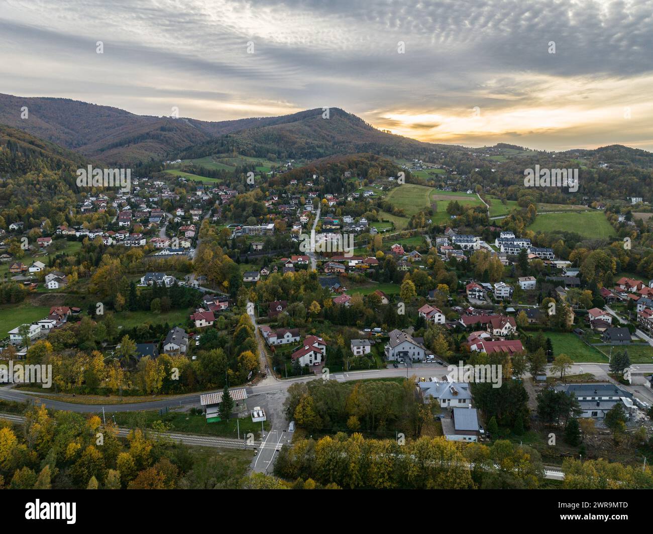 Ustron Aerial View. Scenery of the town and health resort in Ustron on the hills of the Silesian Beskids, Poland. Aerial drone view of beskid mountain Stock Photo