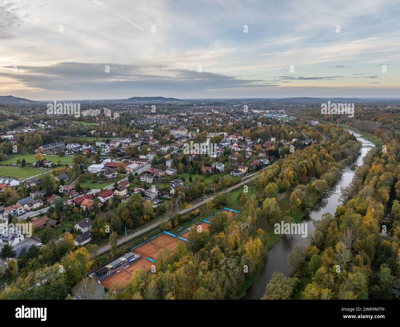 Ustron Aerial View. Scenery of the town and health resort in Ustron on the hills of the Silesian Beskids, Poland. Aerial drone view of beskid mountain Stock Photo