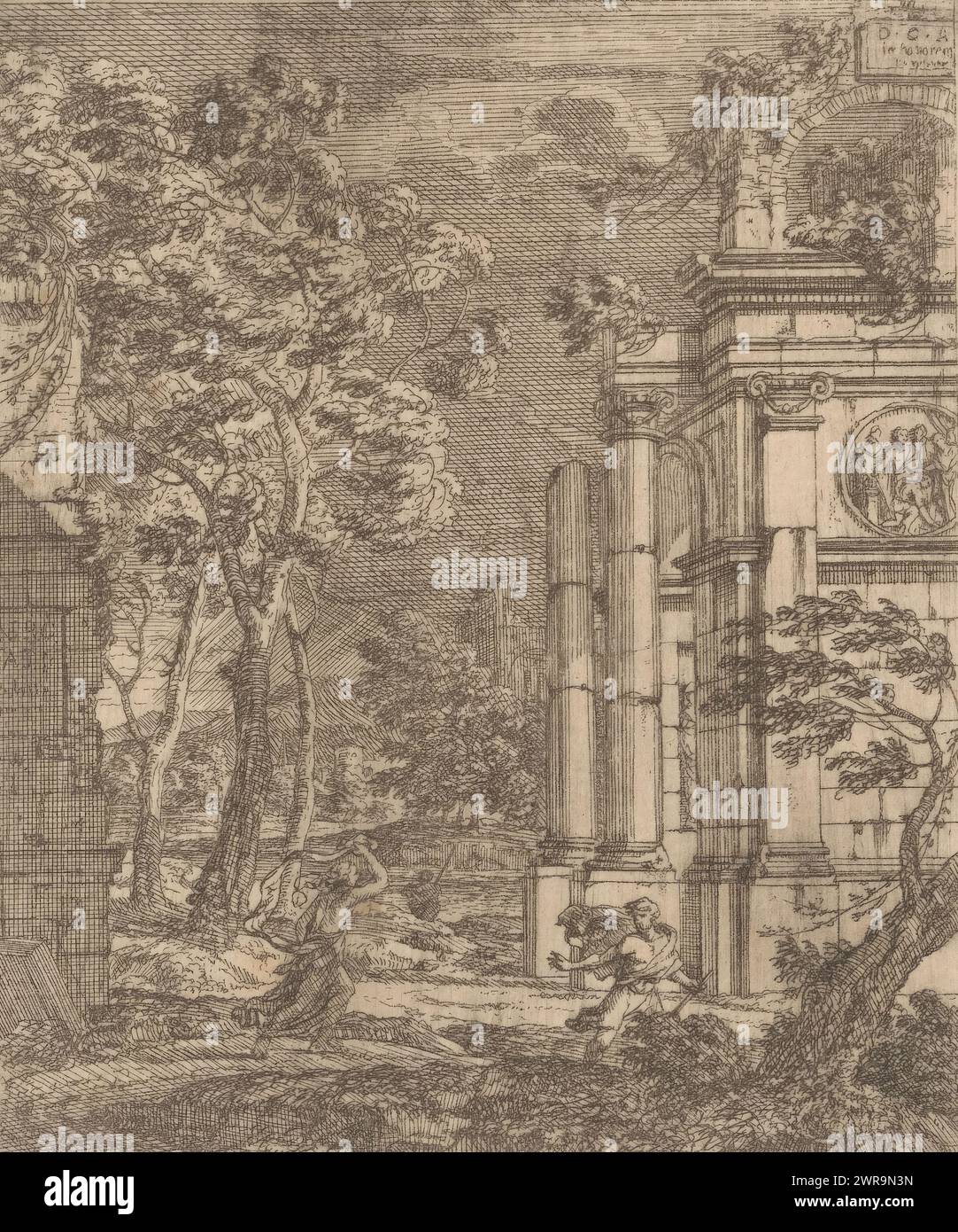 Landscape with three figures near ancient ruins, Ancient ruins and buildings (series title), Alcune Inventione de Ruini et Architectura (...) (series title), print maker: Johann Oswald Harms, 1673, paper, etching, height 122 mm × width 101 mm, print Stock Photo
